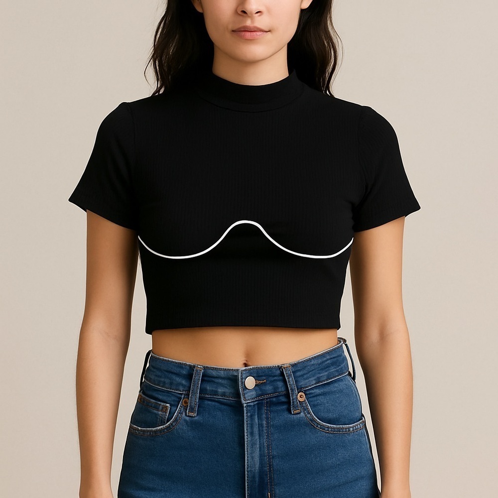 MakeMeChic Mock Neck Ribbed Knit Black White Bust Line Short Sleeve Crop Top M